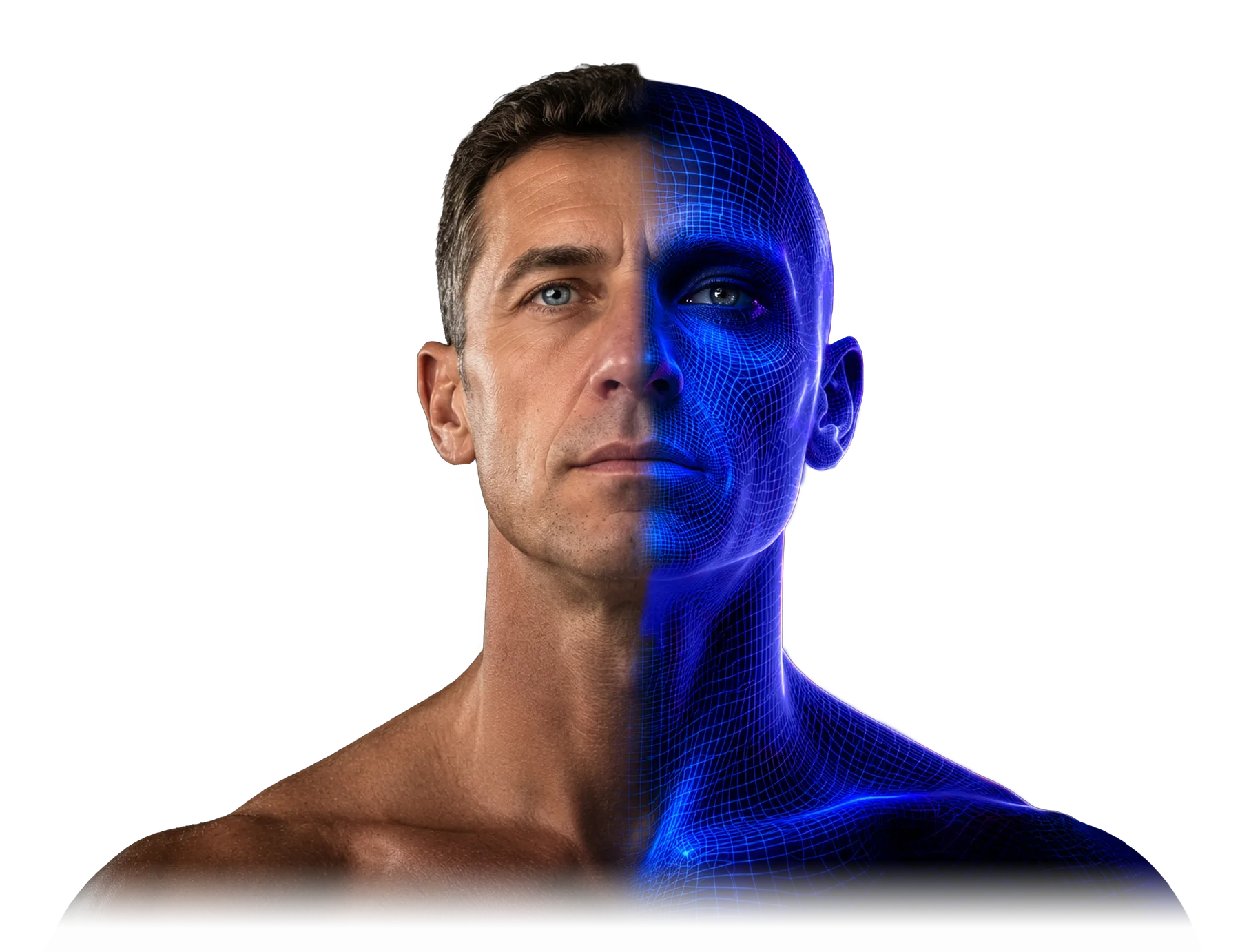Half human, half digital-twin wireframe portrait